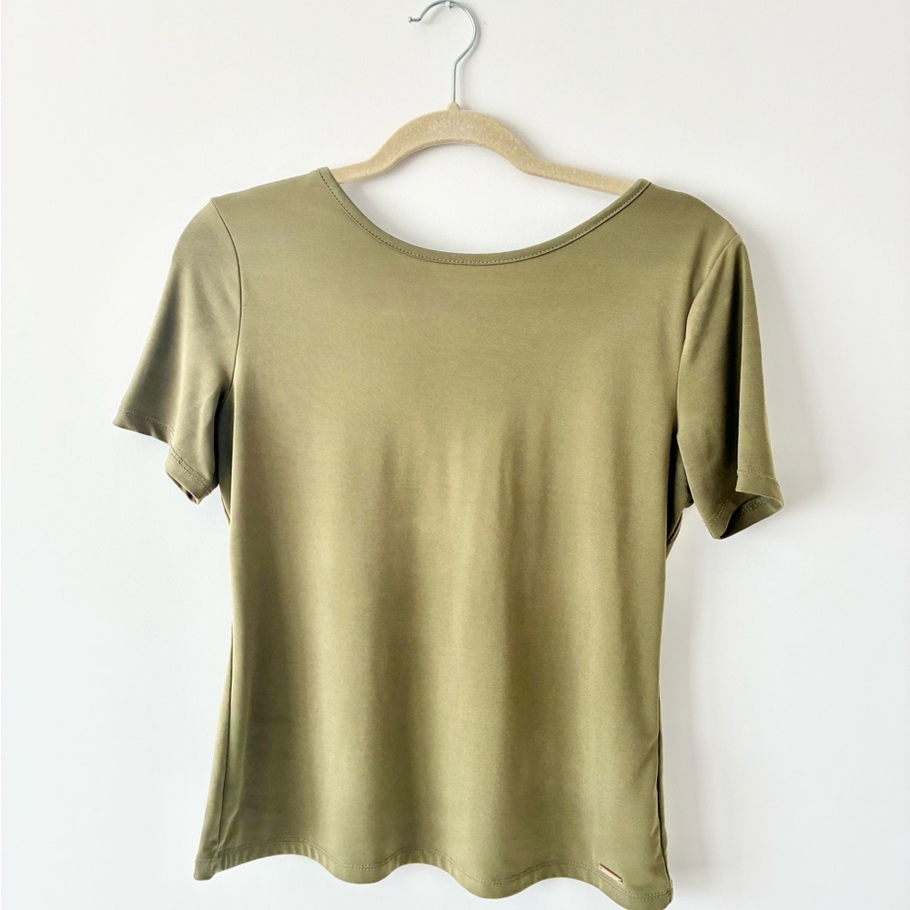 Tahari Olive Green Criss Cross Back Short Sleeve Top – Size S